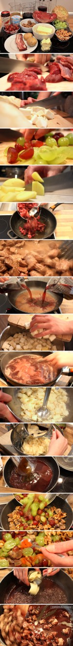 Hirschpfeffer mit Trauben und Nüssen an Selleriepüree - Zubereitung